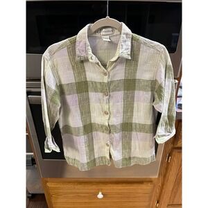 Dressbarn Button Down Shirt 100% Cotton Plaid Textured Grid Sage Lavender M